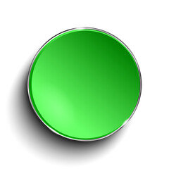 Green circle button with chrome frame isolated on white background. 3d rendering