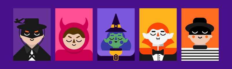 5 simple vector illustrations with Halloween characters. Cute Design with Zorro, a boy dressed as a robber and a devil, witch and Dracula. Great as posters, invitations, media banner,  postcard.