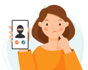 A woman receives a call from a scammer on her cell phone. Fight against telephone fraud. Vector flat illustration. - obrazy, fototapety, plakaty