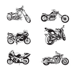 Retro motorcycle silhouette set with different angles. Hand drawn vector illustration