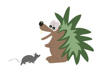 Hedgehog and mouse isolated on white background. Forest animal. Vector illustration