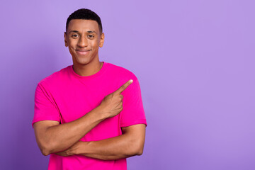 Closeup portrait photo of young successful macho businessman wear neon t-shirt finger directing...