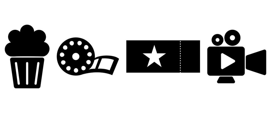 A set of the icons of cinema elements. Popcorn, camera, ticket and reel. Good for any project.