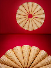 Set of a group of  empty waffles cones on red background