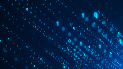 Technology binary code. Random falling digits on screen. Hacked software. Matrix sciense background. Big data analytics. 3D rendering.