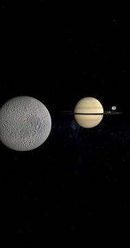 Tethys moon orbiting around Saturn planet together Mimas and Enceladus. 4K Vertical