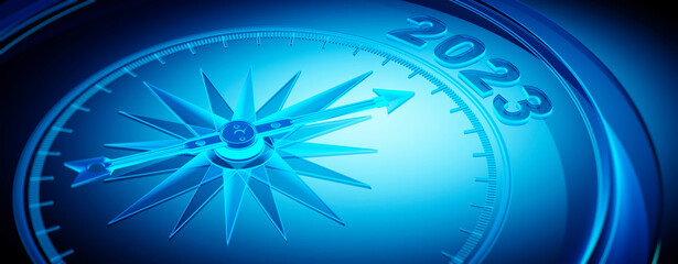 X-ray compass with needle pointing to the number 2022 - 3D illustration