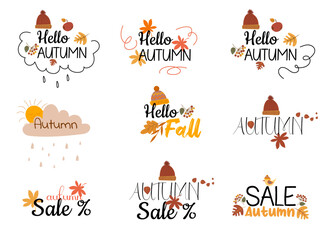 Autumn set with 9 isolated designs. On white background , easy to replace