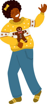 Cute Black Girl Dancing In A Ugly Knitted Sweater With A Gingerbread Man 