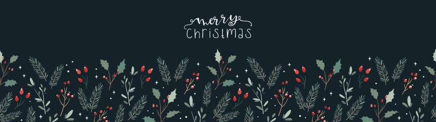 Lovely hand drawn Christmas seamless pattern, cute greenery, flowers and berries, great for textiles, wrapping, banners, wallpapers - vector design