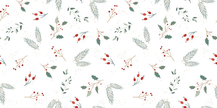 Lovely Hand Drawn Christmas Seamless Pattern, Cute Greenery, Flowers And Berries, Great For Textiles, Wrapping, Banners, Wallpapers - Vector Design