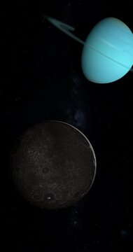 Umbriel moon orbiting around Uranus planet in the outer space. 4K Vertical