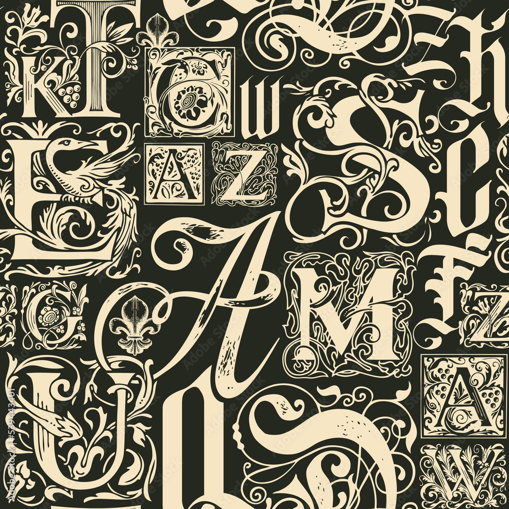Poster vector seamless background pattern with hand-drawn initial and capital letters. repeating background