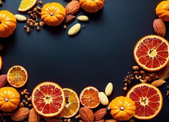 Autumn background with oranges, anise, nuts, dry fruits and cinnamon sticks. Thanksgiving wallpaper and greeting card with place for text. 3D rendering
