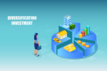 Vector of a businesswoman diversifying her investments.