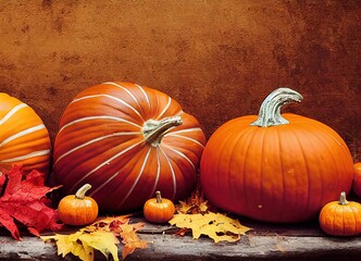 Happy Thanksgiving Day. Orange pumpkins, fruits and spices with copy space on wooden background. Yellow leaves autumn flat lay composition. Fall festive wallpaper. Halloween and turkey. 3D Rendering