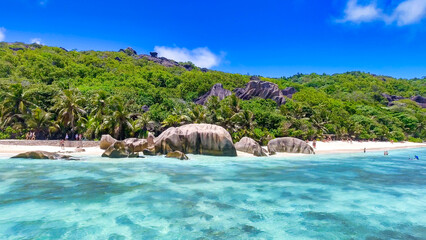 Anse Source Argent, La Digue. Amazing aerial view from drone on a beautiful sunny day