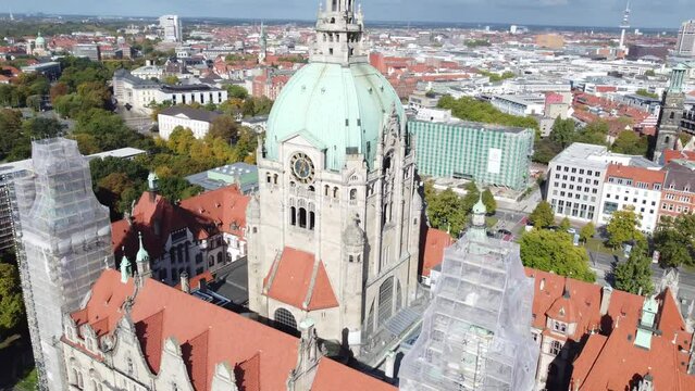 Aerial drone view of the New Town Hall in Hanover, Germany