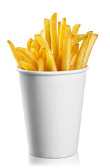french fries in a paper wrapper on white background