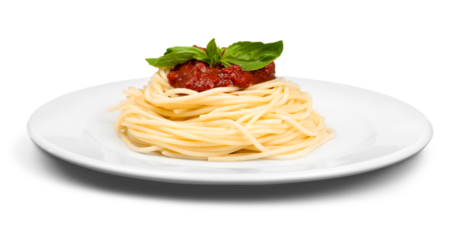 Spaghetti on plate top view with clipping path against green background