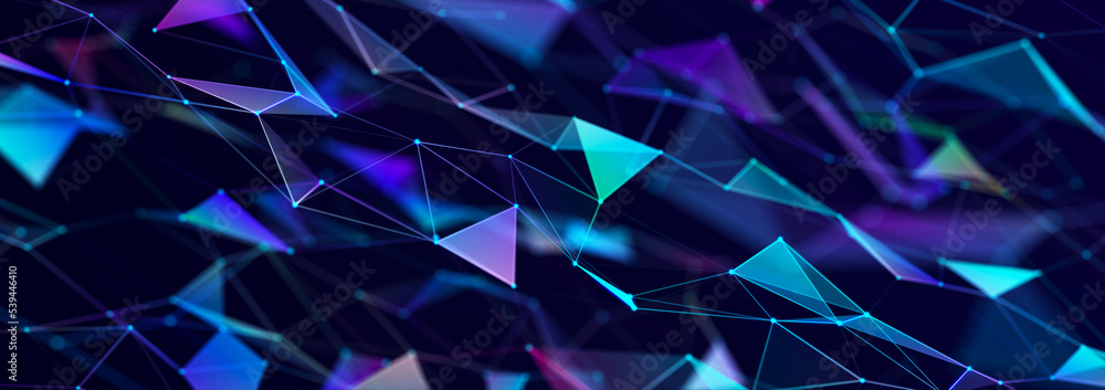 Poster structure of connected lines and dots. wireframe polygonal elements on a dark background. science an