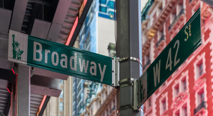 New York City, NY. USA - August 20, 2022: Broadway Ave with W 42 St signs in Manhattan