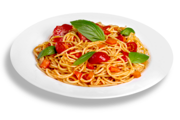 Delicious pasta with vegetables on white plate on white background