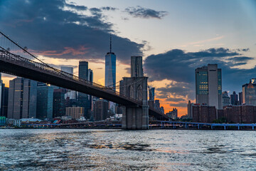 New York City, NY. USA - August 20, 2022: Skyline of Lower Manhattan seen from Pebble Beach,...