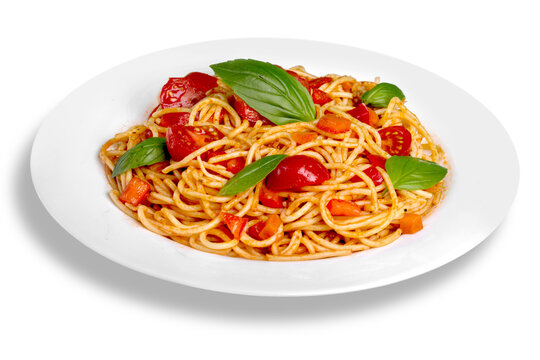 Delicious pasta with vegetables on white plate on white background