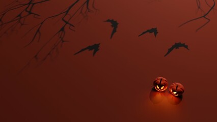 Halloween pumpkin head jack lantern 3 balls and the words Happy Halloween Trick or Treat, black background,3d render
