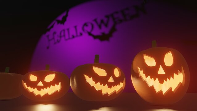 Halloween pumpkin smile and scary eyes for parties lined up and lit by scary eyes and mouth, background with branches shadows and flying bats, black background,3d render
