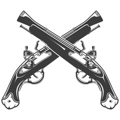 Old pirate firelock musket, two vintage pistols, crossed guns emblem, vector