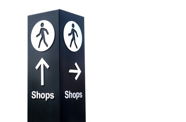 Large directional sign post with arrow and person icon pointing to shops. Isolated white background.