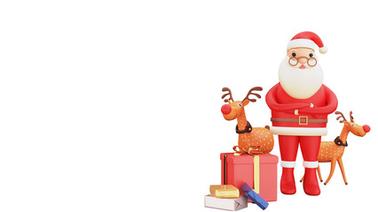 3D Portrait Of Santa Claus Standing With Pair Reindeer, Gift Boxes And Copy Space.