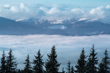landscape view of winter carpathian mountains