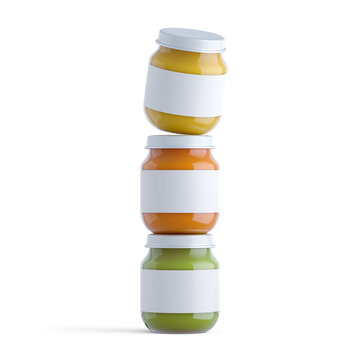 Jars of baby puree isolated on white. Render, 3d illustration. Label, mock up