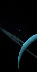 Satellite Ariel or Uranus I orbiting around Uranus planet and her rings. 3d render