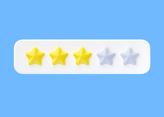 Review 3d render icon - 3 gold star customer satisfaction quality review, rate experience service cartoon illustration