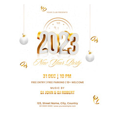 2023 New Year Party Flyer Design With Baubles, Golden Curl Ribbons And Event Details.