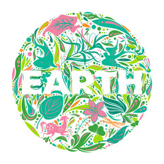 Fototapeta premium Cute cartoon Globe image with floral and animal icons on white background. Lettering 
