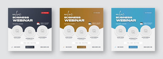 Business webinar invitation design. Webinar and business conference social media post template. Online webinar social media post template. Business conference banner template. Online live webinar.