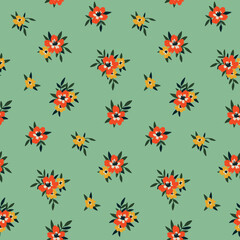 Seamless floral pattern, cute ditsy print with retro folk motif. Cute flower background design with small hand drawn flowers, leaves, mini bouquets in abstract arrangement. Vector floral illustration.
