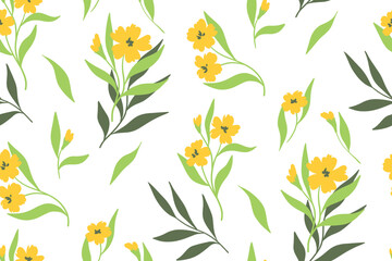 Seamless floral pattern, romantic botanical print with hand drawn wild plants in abstract arrangement on white background. Cute flower design with small yellow flowers, leaves. Vector illustration.