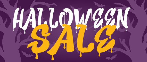 Halloween Horizontal Sale 50% off Banner. Email marketing web banner. Black background banner with Spider, spider web, pumpkin. Typography and calligraphy of Halloween. Black border illustration.