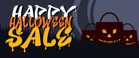 Halloween Horizontal Sale 50% off Banner. Email marketing web banner. Black background banner with Spider, spider web, pumpkin. Typography and calligraphy of Halloween. Black border illustration.