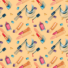 Beauty items watercolor seamless pattern on beige background.