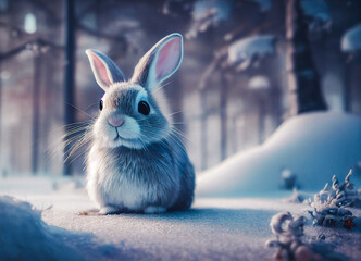 Cute winter bunny sitting on snow