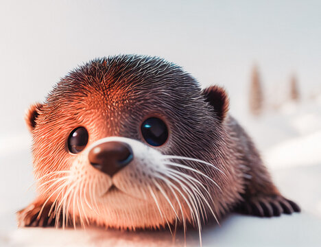 Cute otter baby lying on a snow background