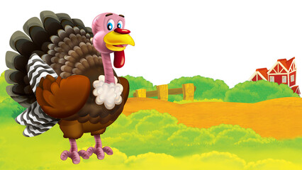 cartoon farm scene with turkey bird illustration for children