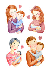 Family clip art set. Watercolor illustrations with kids and parents isolated on transparent background. Mother, father, child clipart collection. Mother's day, Father's day design. Family boho print